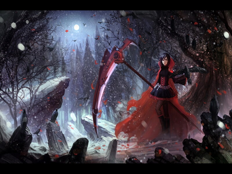 Woman with Scythe in Forest — Red