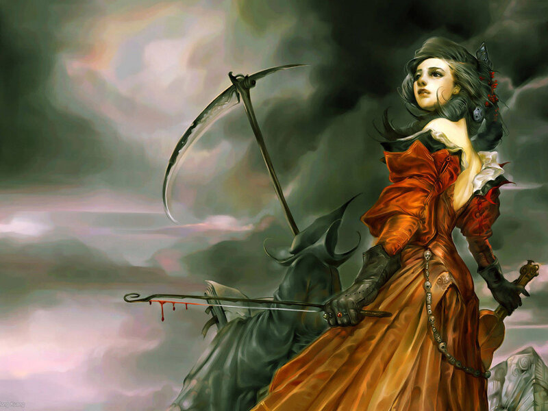 Woman with scythe in storm