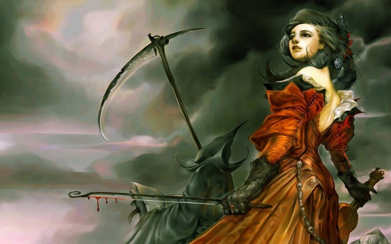Woman with Scythe — Red, Dramatic, Digital Art, Sword