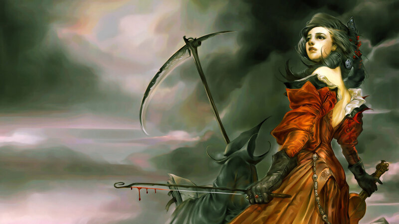 Woman with Scythe — Red, Dramatic, Digital Art