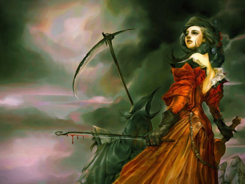 Woman with Scythe — Red, Dramatic, Painting