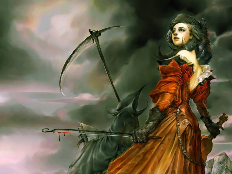 Woman with Scythe — Red, Dramatic