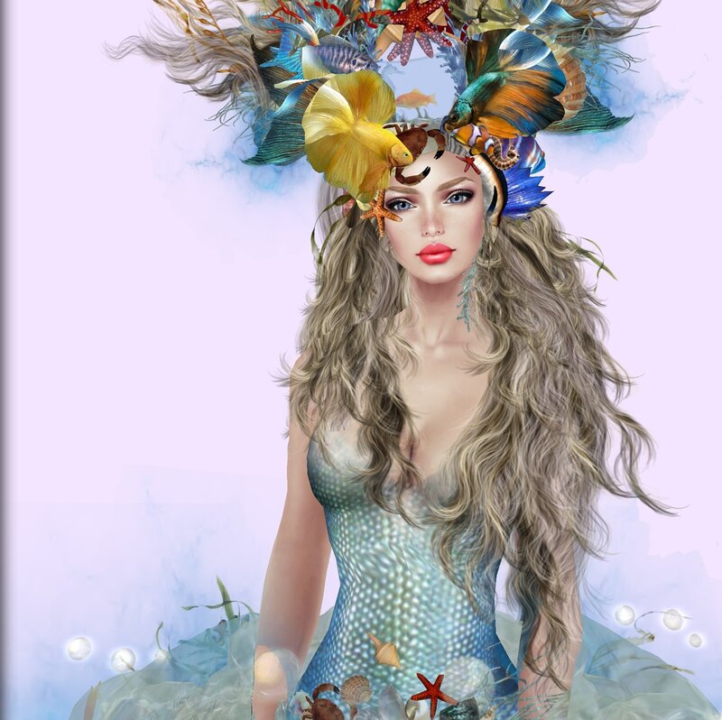 Woman with Sea Creatures — Blue, Fantastical