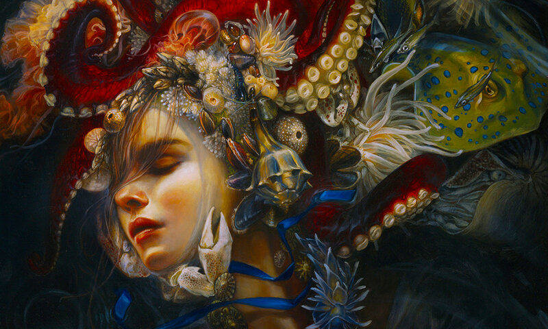 Woman with Sea Creatures — Red, Dramatic