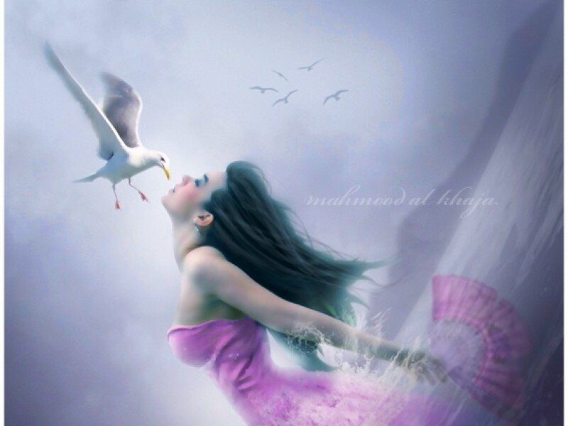 woman with seagull in sky
