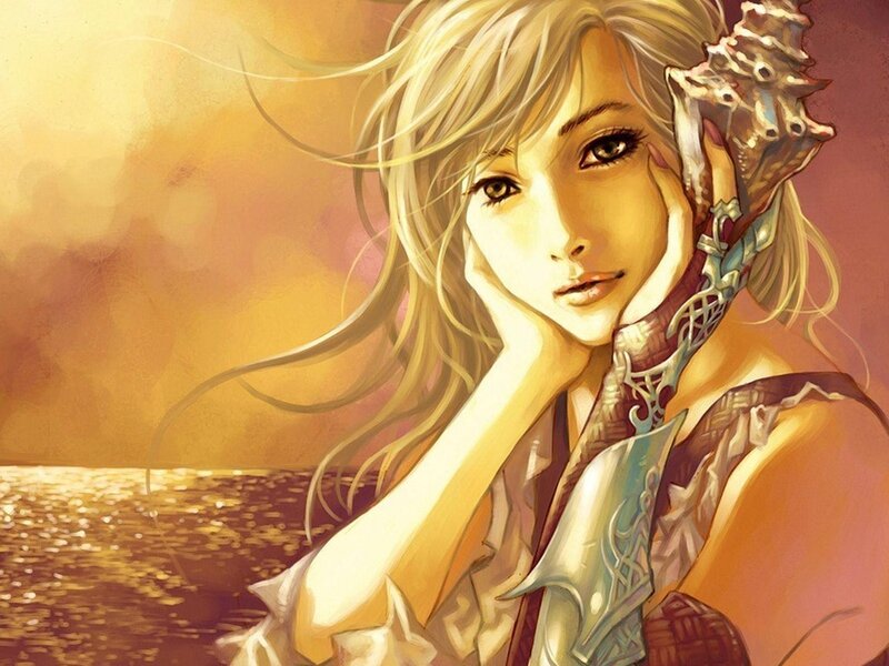 Woman with Seashell — Gold, Serene, Sunset