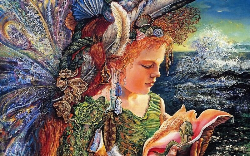 Woman with Seashell — Green, Serene, Sunset
