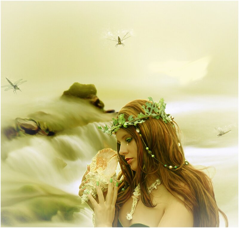Woman with Seashell — Green, Serene