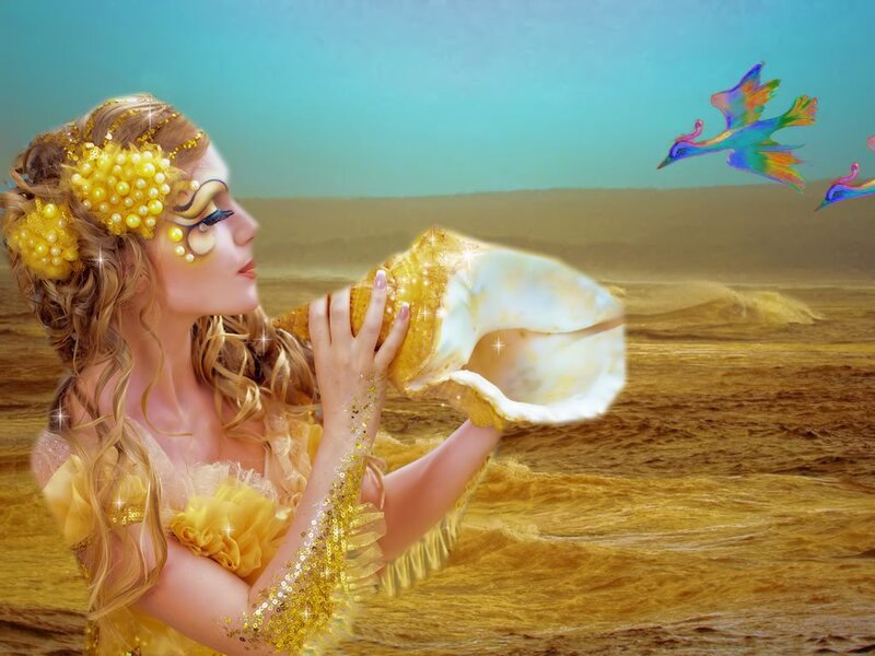 Woman with Seashell — Yellow, Fantasy, Digital Art