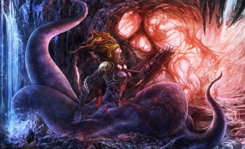 Woman with Serpent Creature — Purple, Dramatic, Digital Art