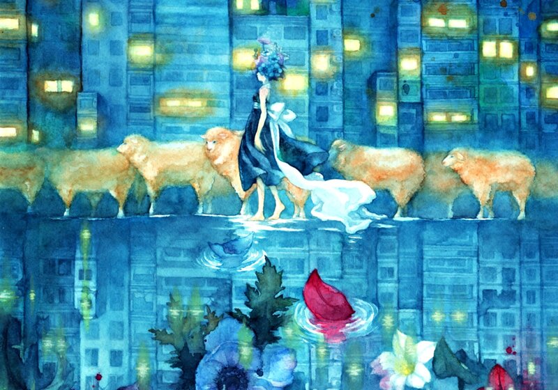 Woman with Sheep — Blue