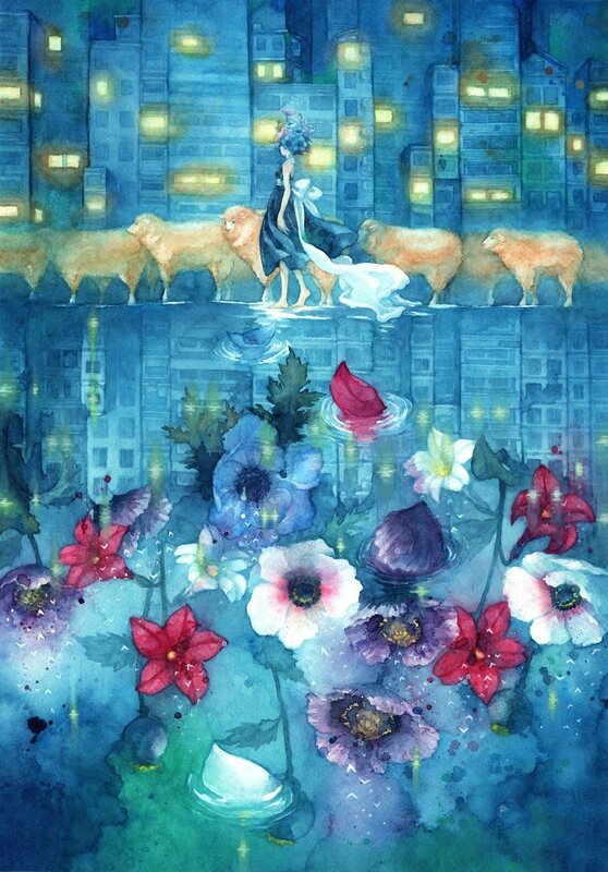 Woman with sheep in a city
