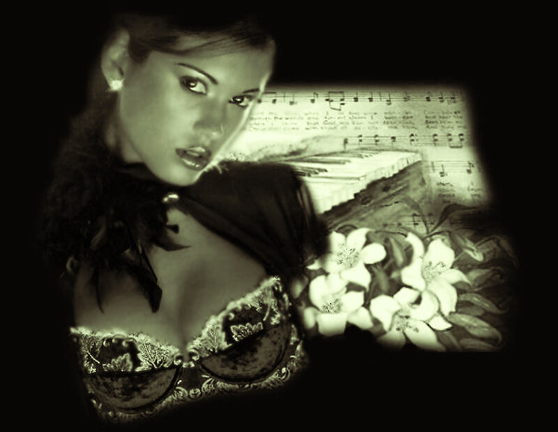 woman with sheet music and flowers