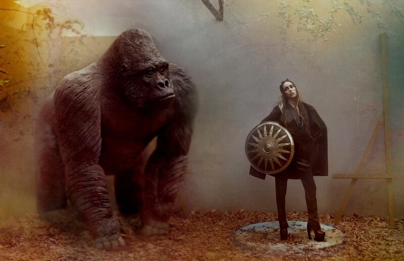 Woman with shield facing gorilla