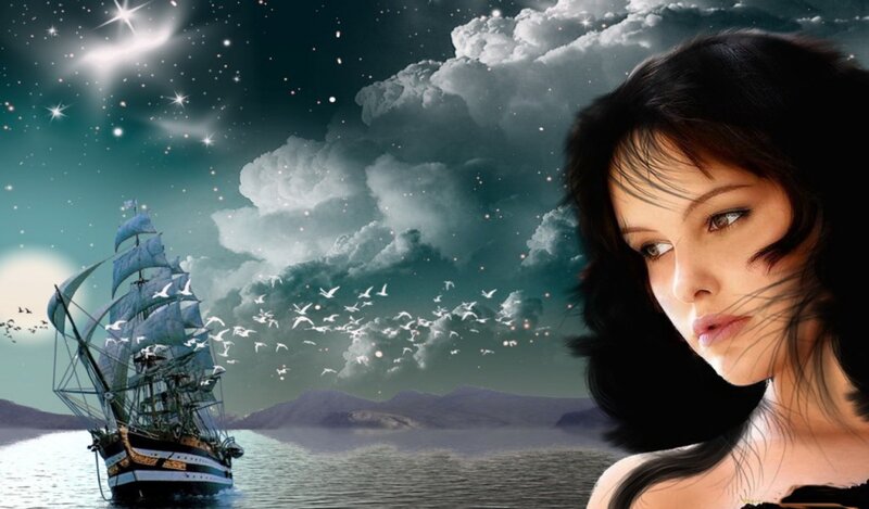 Woman with Ship at Night