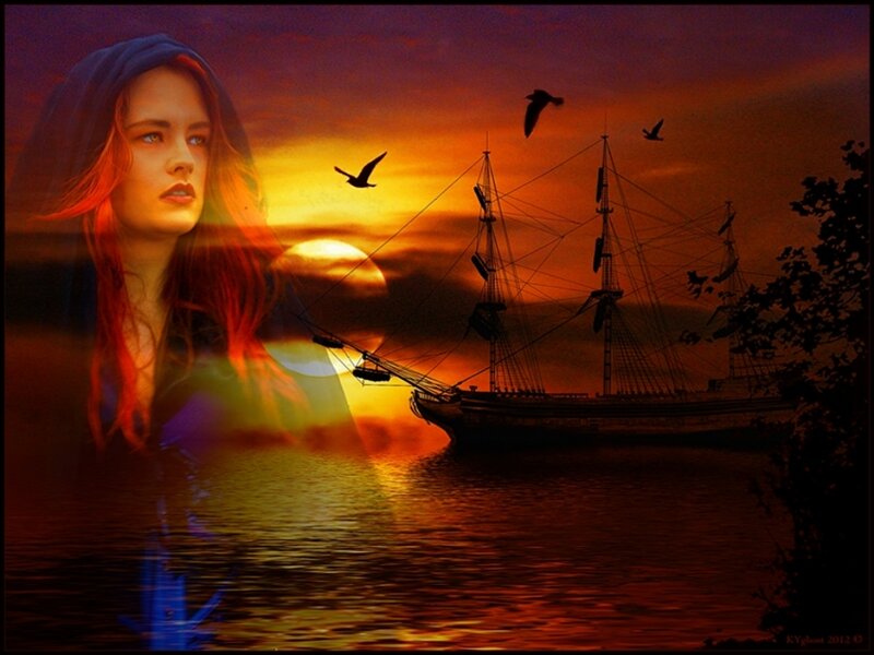 Woman with Ship at Sunset