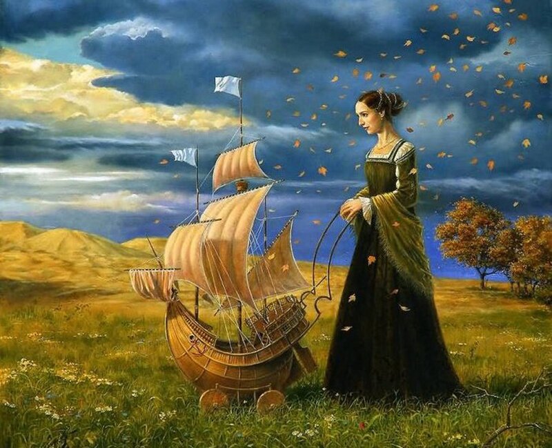 Woman with ship in a field