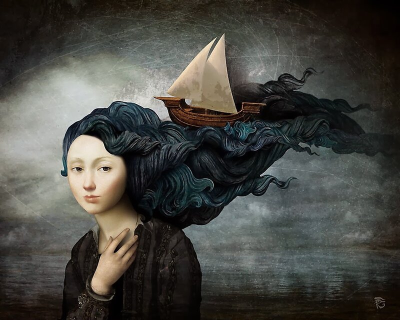 Woman with Ship in Hair — Blue, Dramatic