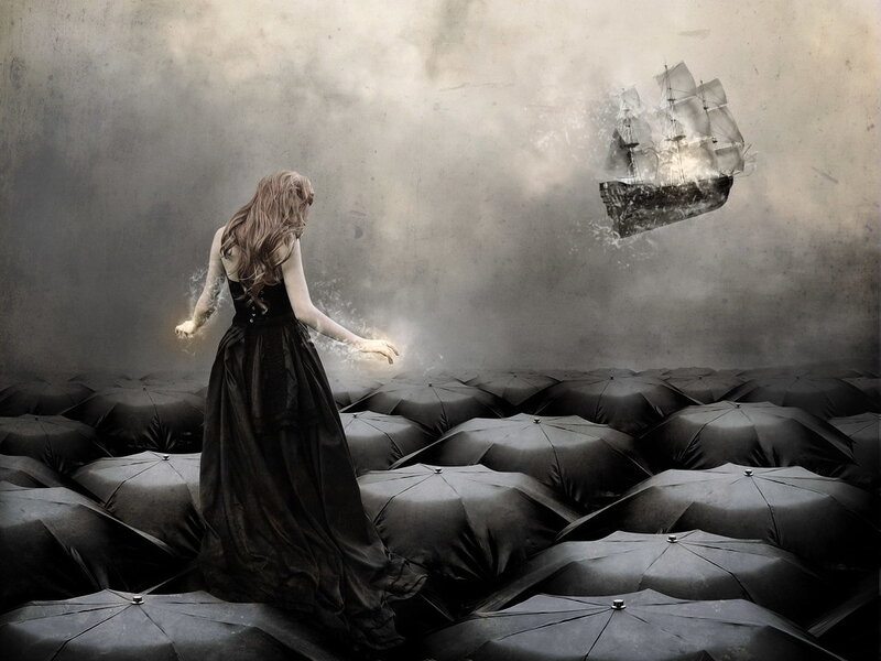 woman with ship in mist