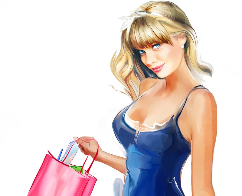 Woman with Shopping Bags — Blue, Confident, Digital Art