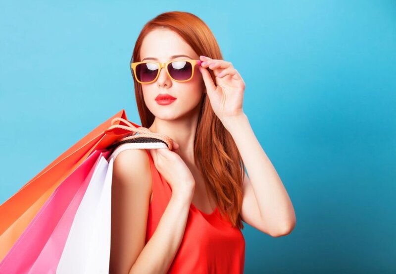 Woman with Shopping Bags — Blue, Confident, Photograph