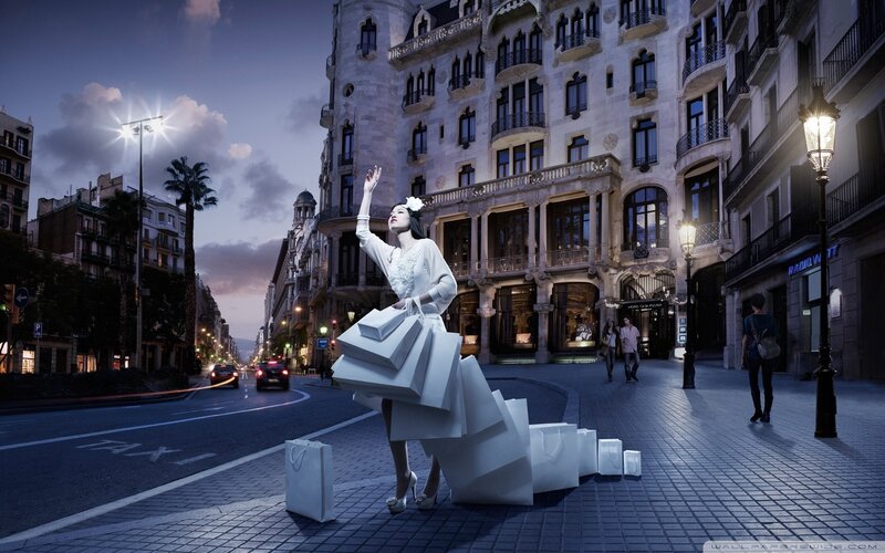 Woman with Shopping Bags — White, Dramatic, Night