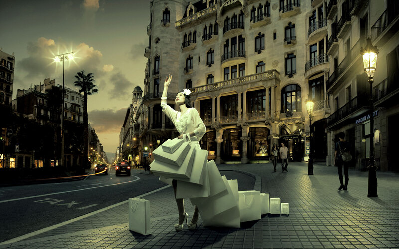 Woman with Shopping Bags — White