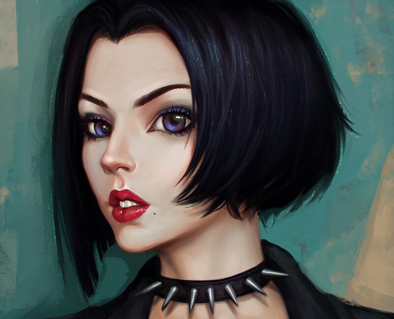 Woman with Short Black Hair — Dramatic, Digital Art, Choker