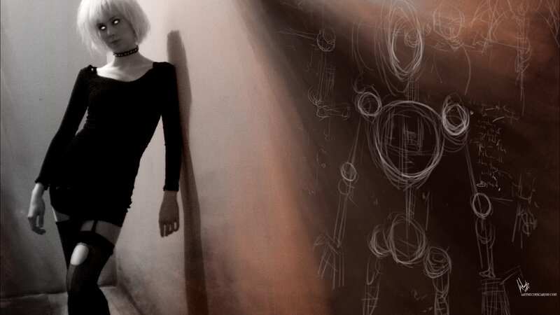 Woman with Short Blonde Hair — Black, Dramatic, Photograph, Black Dress, Choker