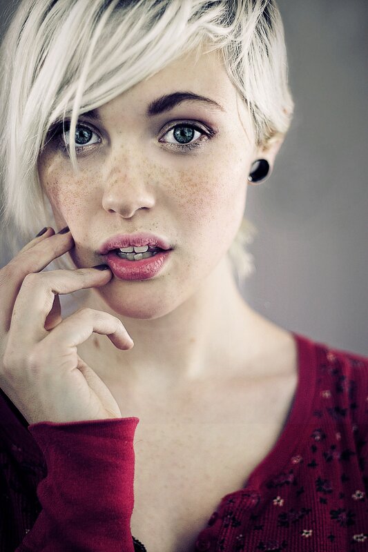 Woman with Short Blonde Hair — Red, Neutral, Photograph, Freckles
