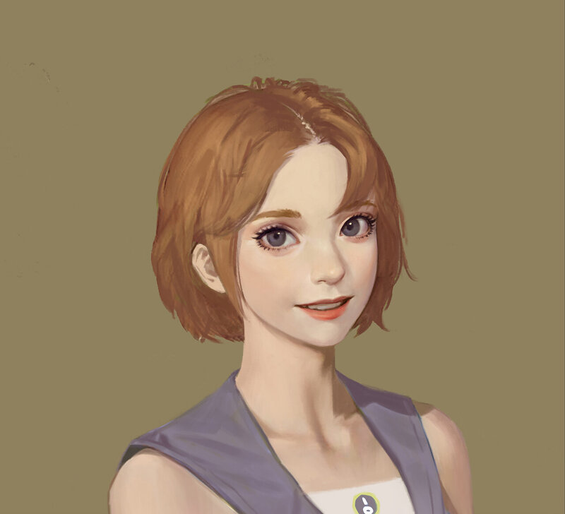 Woman with Short Brown Hair — Neutral, Digital Art, Purple Top