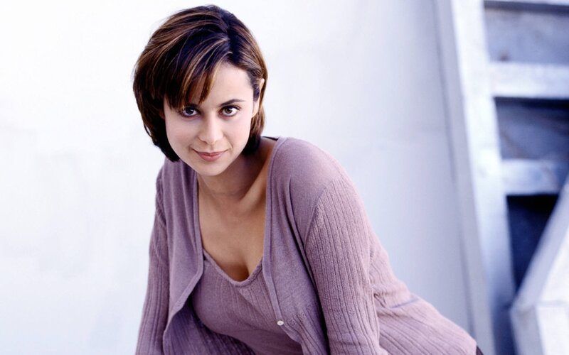 Woman with Short Brown Hair — Purple, Calm, Photograph