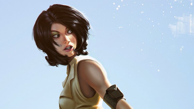 Woman with Short Dark Hair — Blue, Dramatic, Afternoon, Digital Art