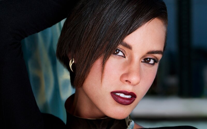 woman with short hair and red lipstick