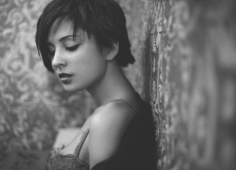 Woman with Short Hair — Black, Contemplative, Photograph