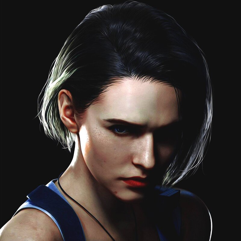 Woman with Short Hair — Black, Dramatic, Digital Art, Blue Top
