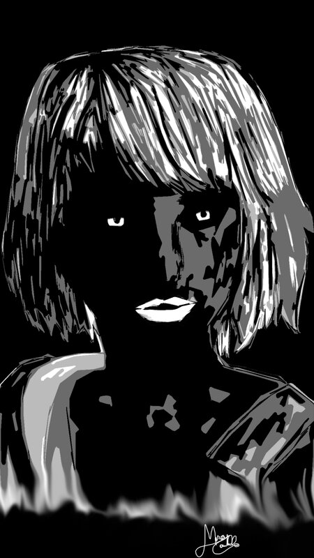 Woman with Short Hair — Black, Dramatic, Digital Art, Eyes, Lips