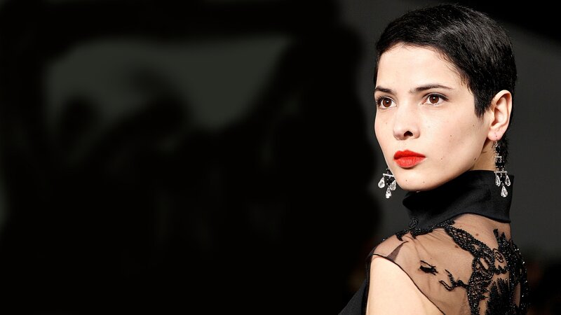 Woman with Short Hair — Black, Dramatic, Photograph, Red Lipstick