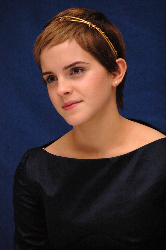 Woman with Short Hair — Blue, Neutral, Photograph, Headband, Pearl Earring, Black Dress