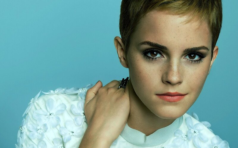 Woman with Short Hair — Blue, Serious, Photograph, White Dress, Ring