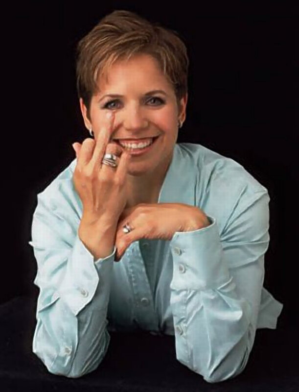 Woman with Short Hair — Blue, Smiling, Photograph