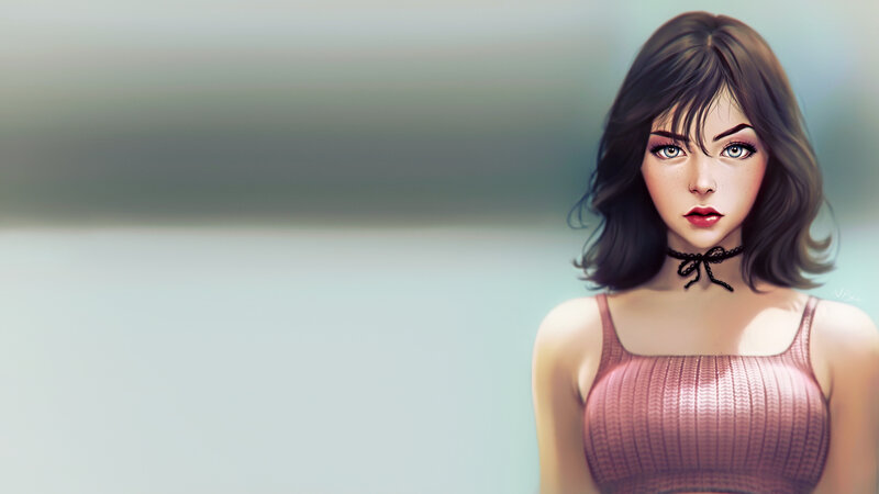 Woman with Short Hair — Pink, Neutral, Digital Art