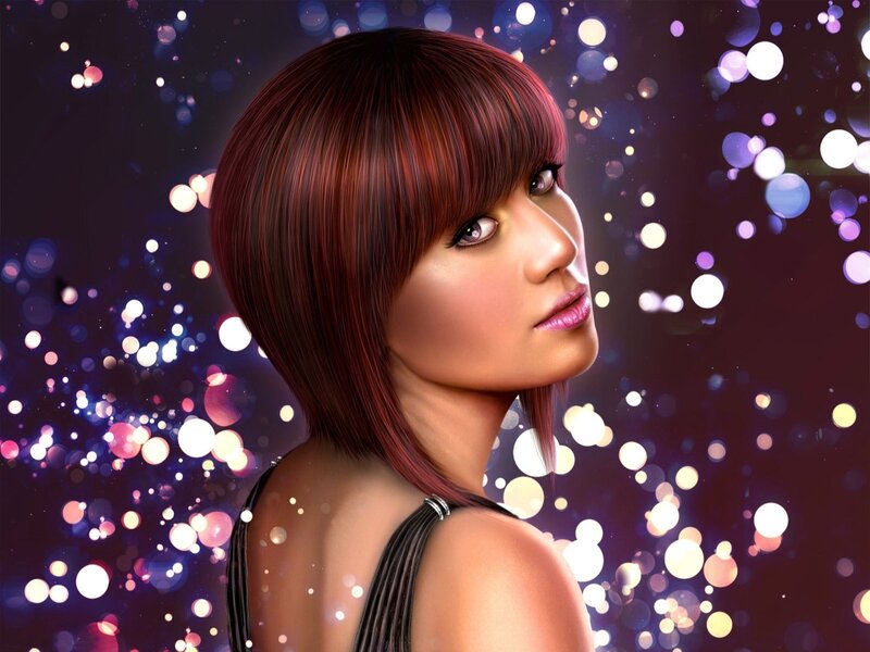 Woman with Short Hair — Purple, Dramatic, Night, Digital Art, Sparkles