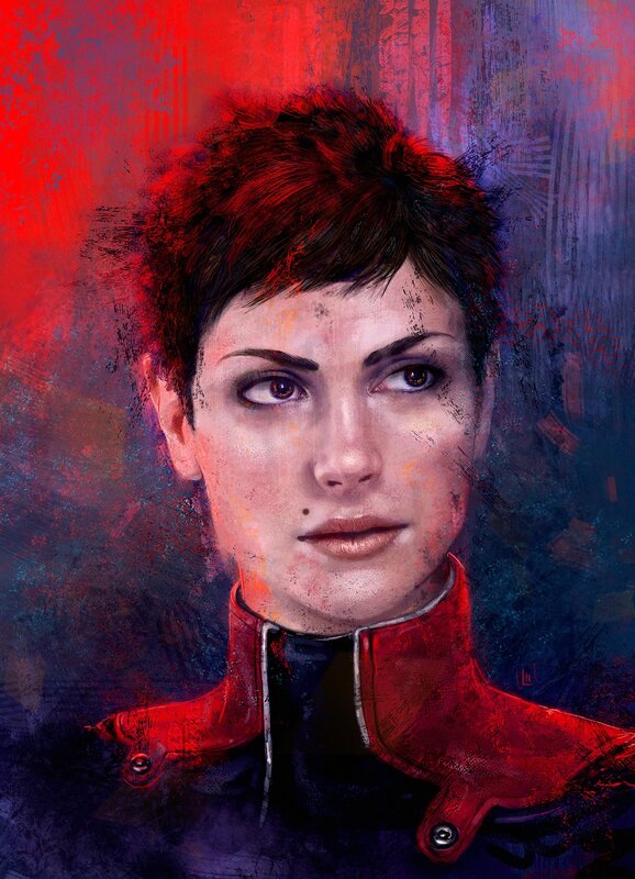 Woman with Short Hair — Red, Dramatic, Digital Art