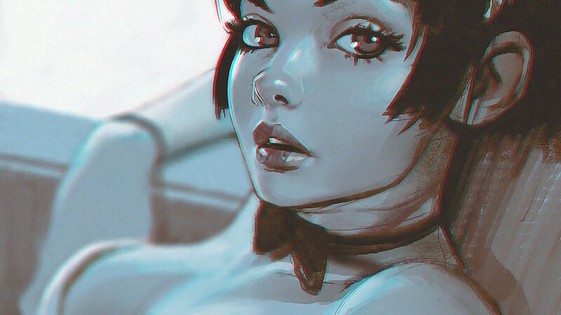 Woman with Short Hair — White, Dramatic, Digital Art, Chair
