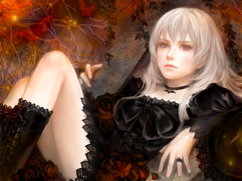 Woman with Silver Hair — Black, Dramatic, Digital Art, Black Dress