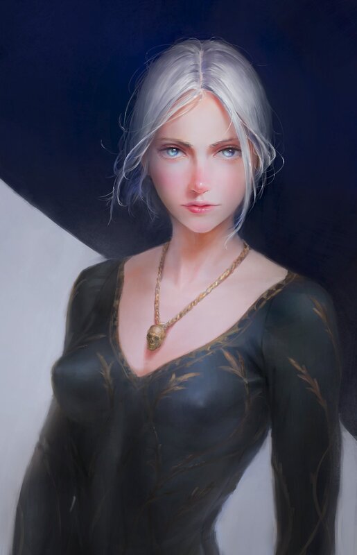 Woman with Silver Hair — Black, Dramatic, Digital Art, Skull Necklace