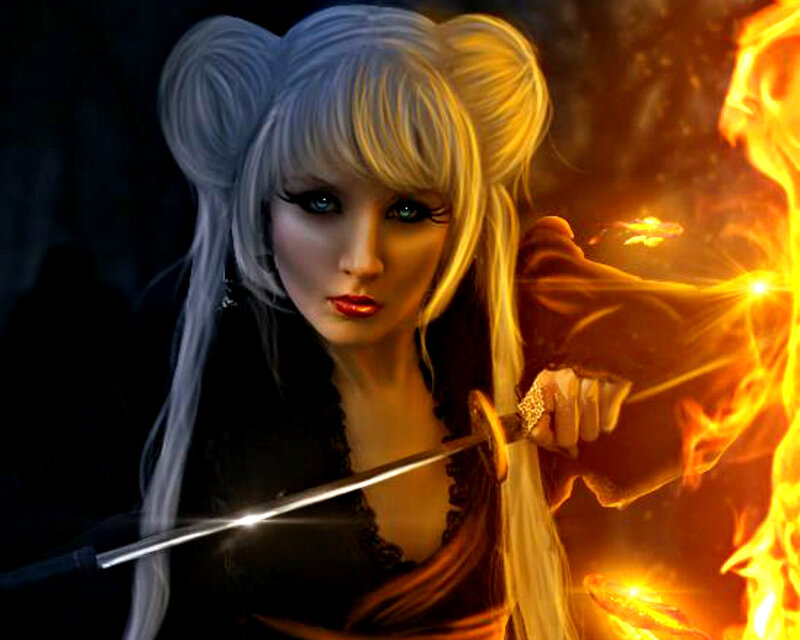 Woman with Silver Hair — Black, Dramatic, Digital Art, Sword