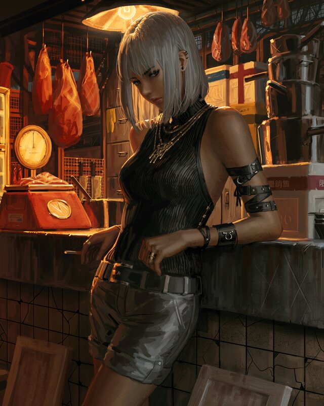 Woman with Silver Hair — Black, Dramatic, Night, Digital Art, Meat Hanging