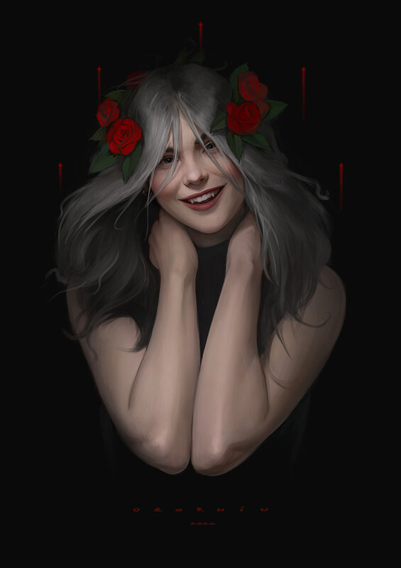 Woman with Silver Hair — Black, Dramatic, Night, Digital Art, Red Roses, Flower Crown